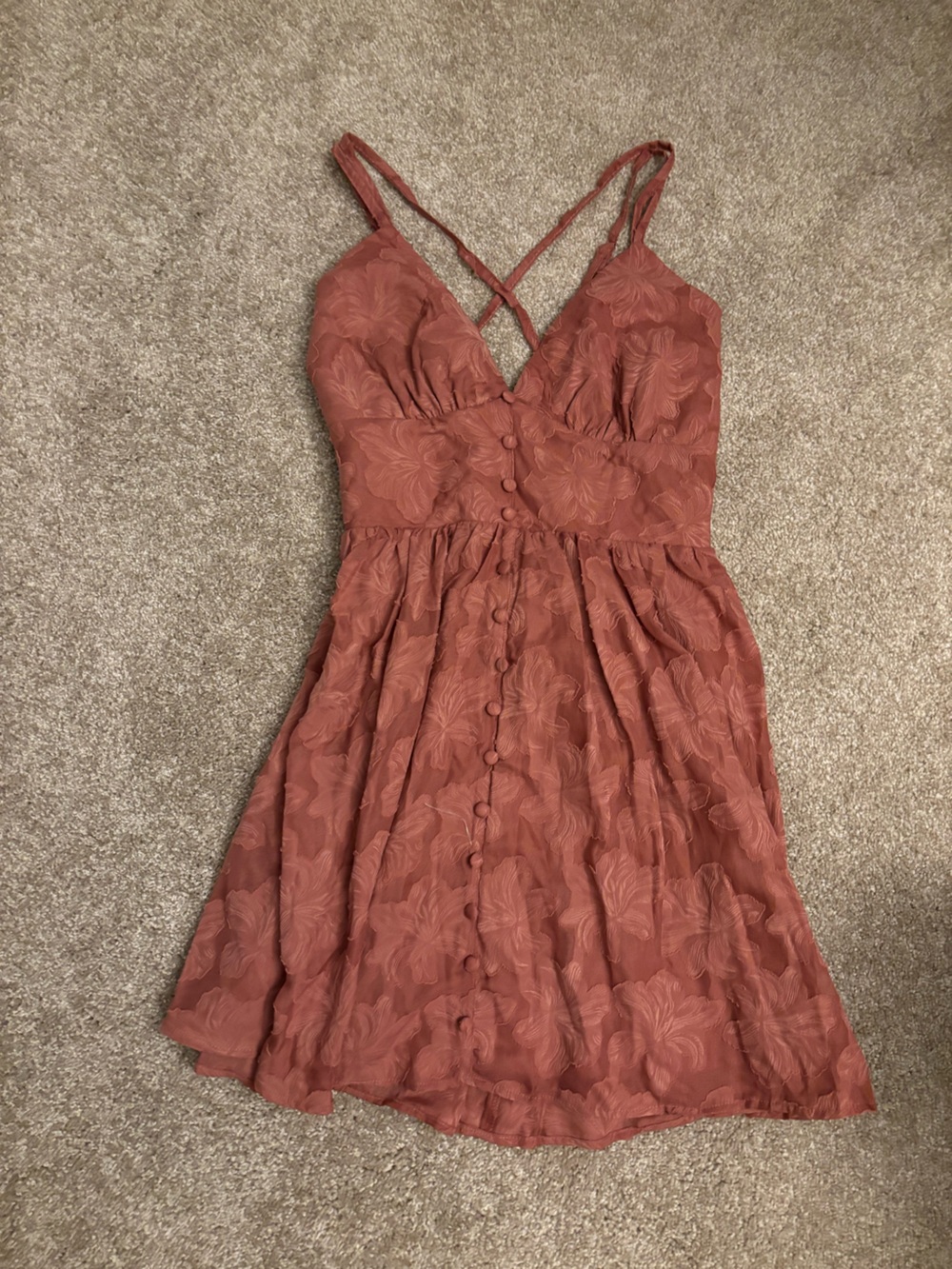 Windsor Mauve Floral Textured Dress with Covered Buttons And Corset Back